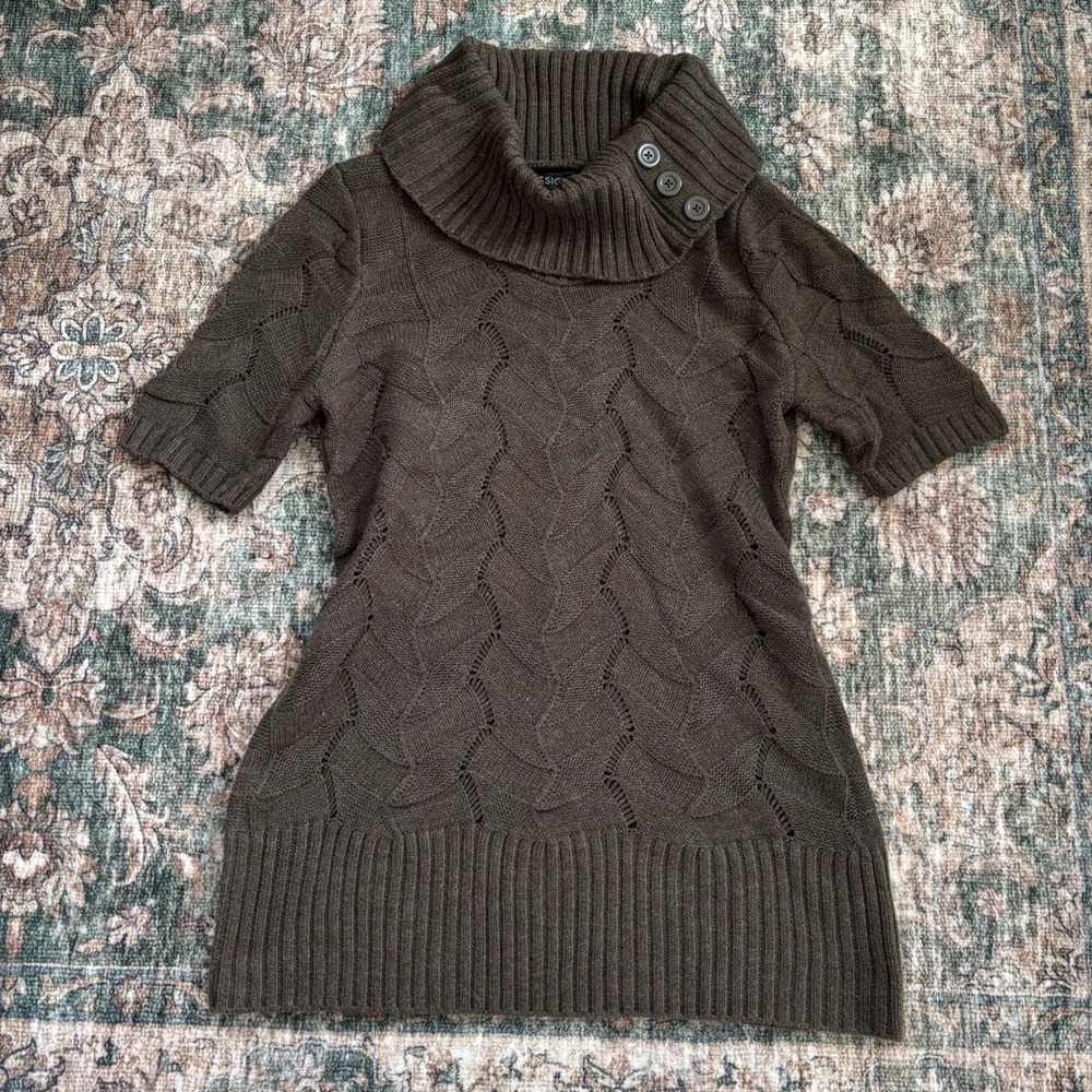 Vintage Brown Cowl Neck Sweater Tunic S Short Sleeve Y2K Fall Boho Whimsy Preppy